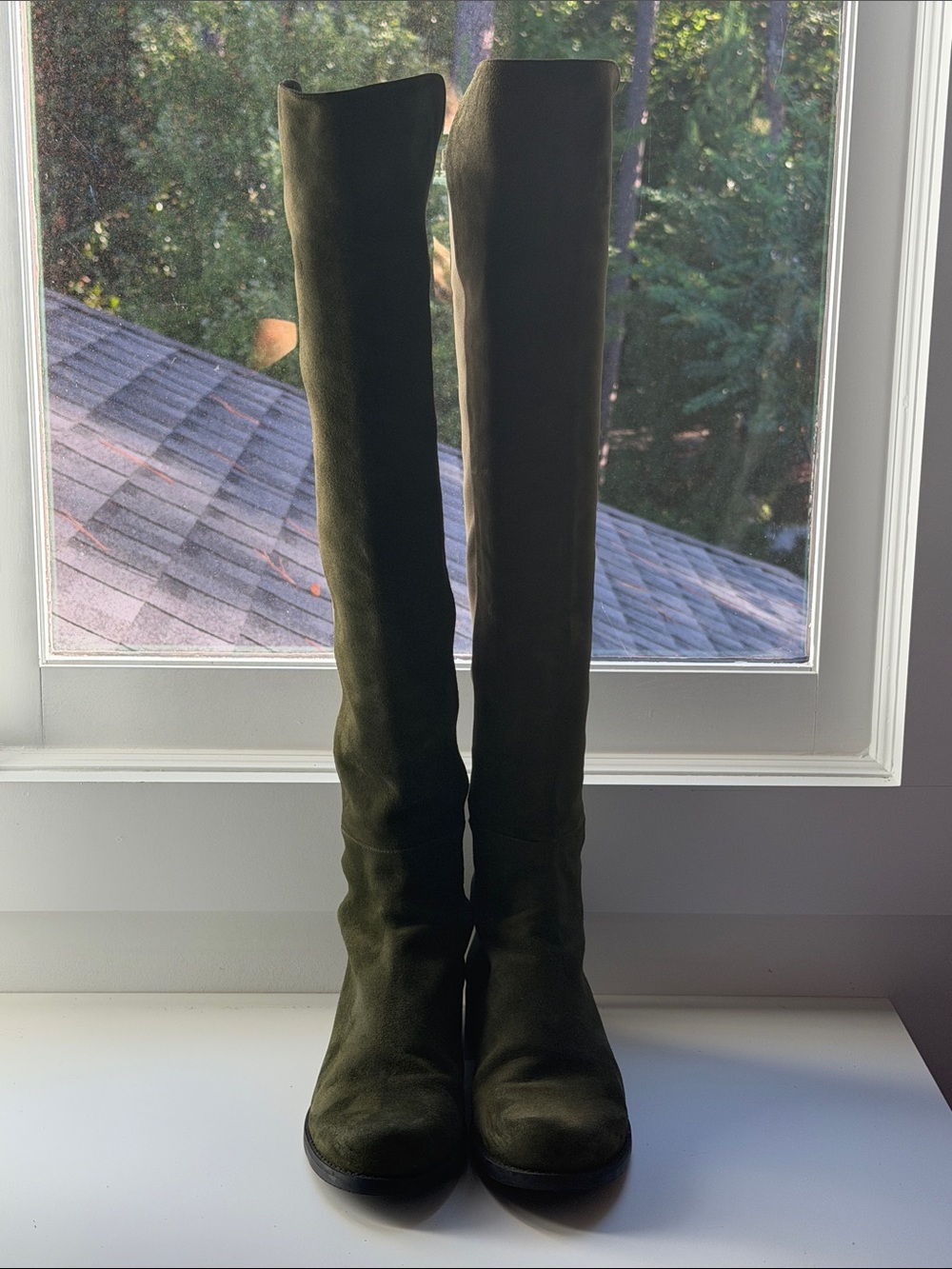 Stuart Weitzman Over-the-Knee Stretch Boots in Olive Green Suede